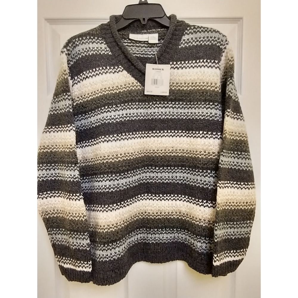 Women's Croft & Barrow Stripe Knit V-Neck Sweater Large Color Denim/Khki $44